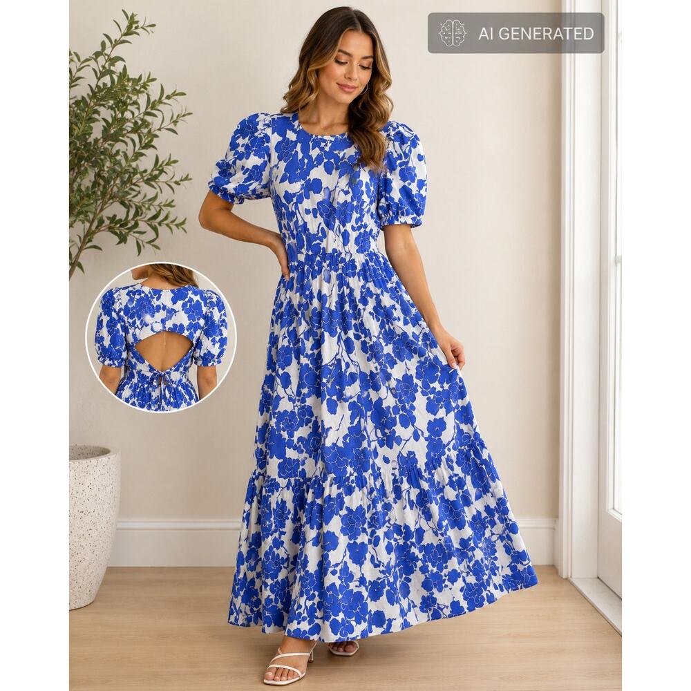 Blue White Floral Cutout Back Puff Sleeve Maxi Dress Women's Med Cottagecore